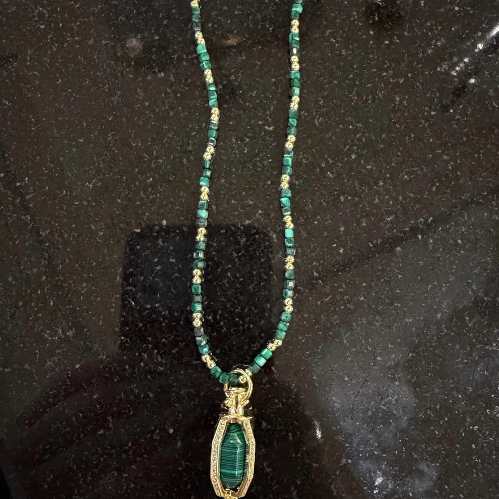 Gold and Green Beaded Pendant Necklace - Women Jewelry